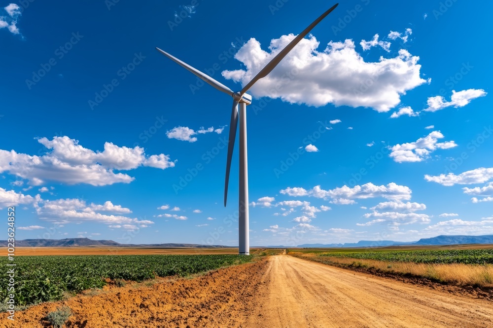 Poster A clean and simple wind turbine standing tall in an open field, with only a few scattered clouds in the blue sky above