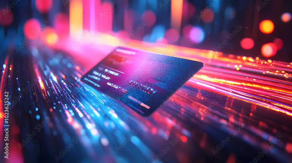 Poster 3d abstract credit card swipe with colorful light trails - close up of a dynamic financial scene on 
