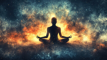 captivating portrayal of meditative figure against cosmic backdrop, radiating tranquility and inner peace. vibrant colors enhance serene atmosphere
