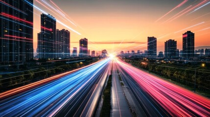 Obraz premium Cityscape, Sunset With Light Trails On Highway, Urban Landscape, Modern Architecture.