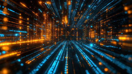 captivating scene of colorful data streams and code, showcasing vibrant orange and blue lights flowing through digital tunnel, creating sense of depth and movement