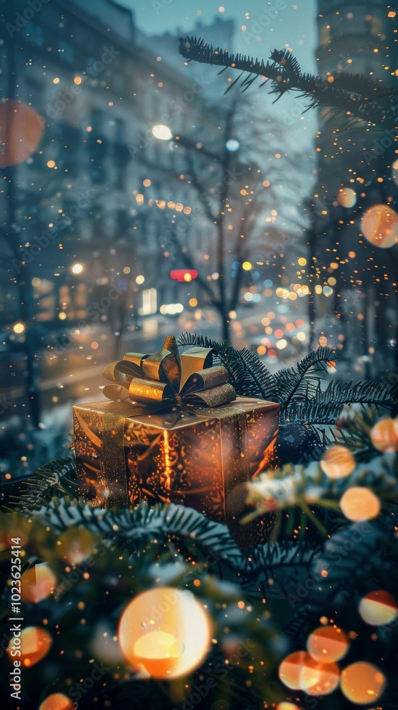 Poster a golden box with a bow on top sits on a tree branch covered in snow. the scene is lit up by the cit