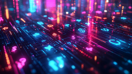 3D Macro Shot of a Glowing Holographic Financial Report with Currency Symbols & Discount Icons - Futuristic Financial Analysis Concept Isolated on White Background