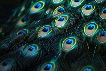 Fototapeta premium Background wallpaper texture. Part of beautiful peacock tail in dark