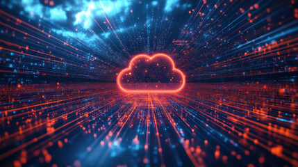 vibrant concept illustration showcasing cloud computing technology with dynamic light trails and glowing cloud symbol. image evokes sense of innovation and digital transformation