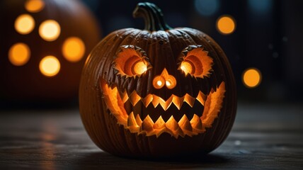 Fototapeta premium A carved pumpkin with a scary face, lit from within with a candle, sits on a wooden table.