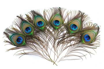 Obraz premium Exotic peacock feathers on white background with copy space.
