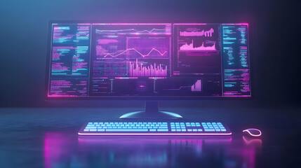 3D Holographic Desktop with Floating Data Visualization and Keyboard | Glossy Computer Projects Holograms & Modern Office Setup | Minimalist Design with Ample Copy Space on White Background