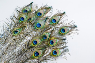 Obraz premium Exotic peacock feathers on white background with copy space.