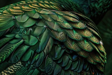 Beautiful feathers of male green peafowl   peacock Pavo muticus