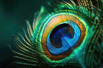 Colorful close up peacock feather ad template with copy space.