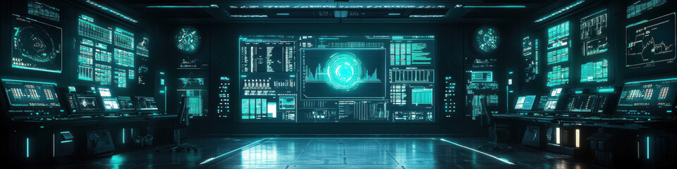 Obraz premium vast control room filled with advanced technology, featuring glowing screens and data displays. atmosphere is high tech and futuristic, showcasing blend of innovation and sophistication