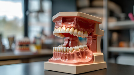 A detailed anatomical model of the human oral cavity displayed on a desk in a dental clinic, showcasing teeth, gums, and tongue for educational purposes.