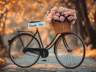 Fototapeta premium Bicycle with flowers in basket and Thank You sign in sunset light