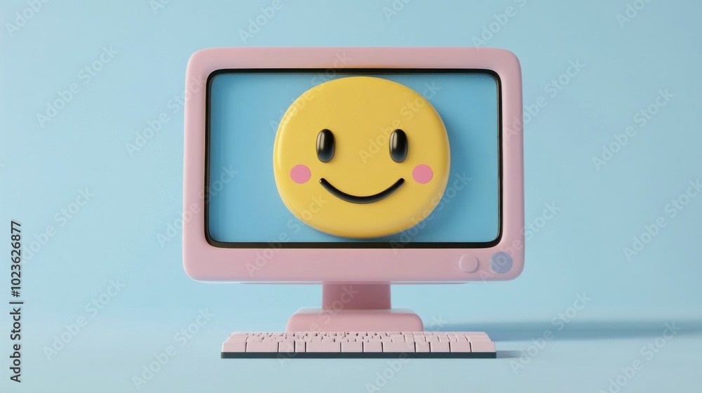 Aufkleber A Pink Computer with a Smiling Emoji Display