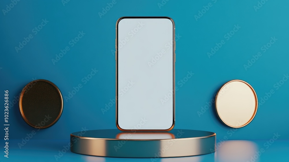 Poster blue smartphone displayed on a cylindrical podium featuring a gold border and two copper circles aga