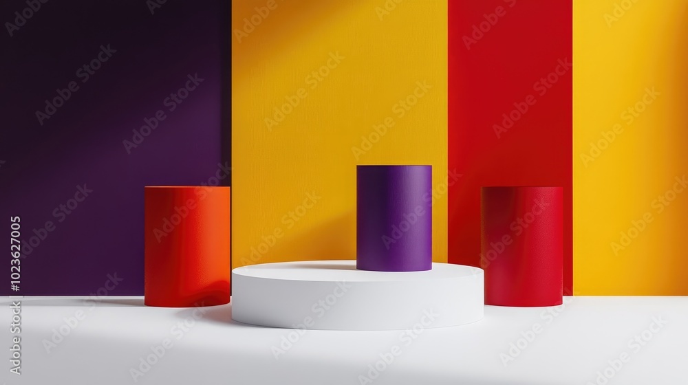 Aufkleber Collection of 3D product display backgrounds in red yellow and dark purple on a white floor with open space Minimalist abstract composition Studio showcase for fashion product presentation