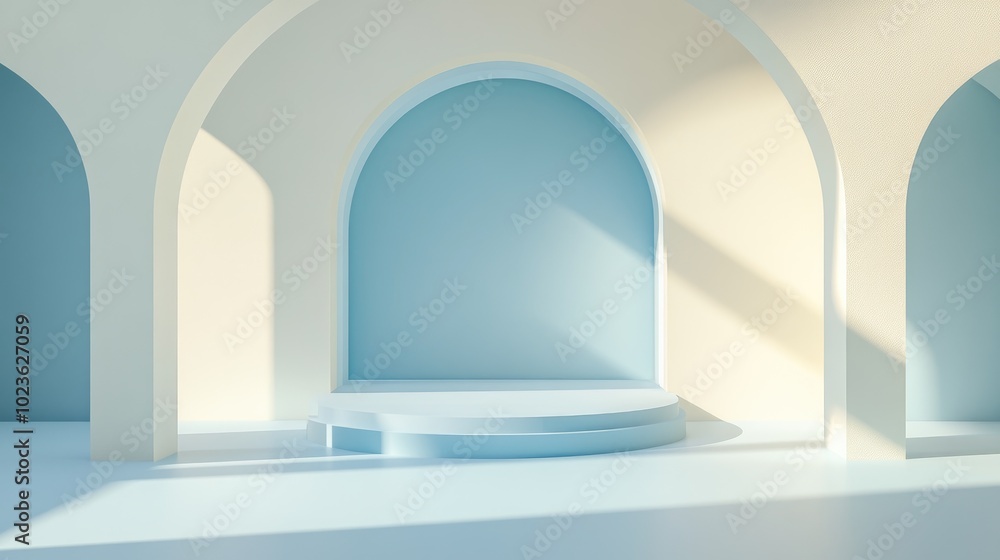Poster 3D rendering of an abstract geometric shape background featuring a pastel blue podium in a minimalist design