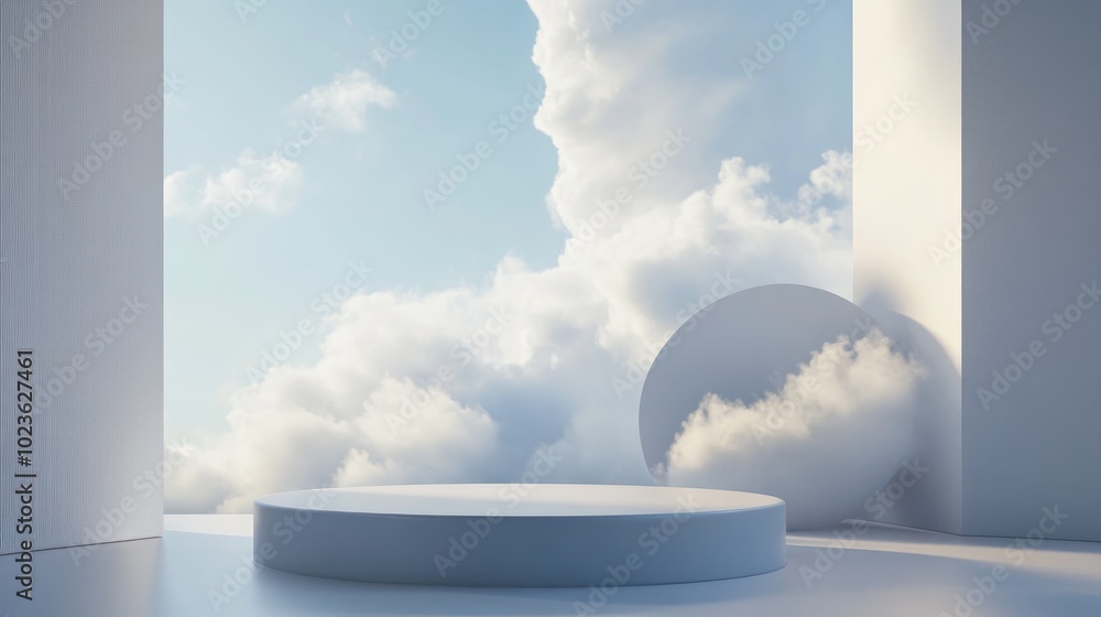 Poster 3D rendering of a podium with a minimal cloud scene featuring a geometric shape for product display