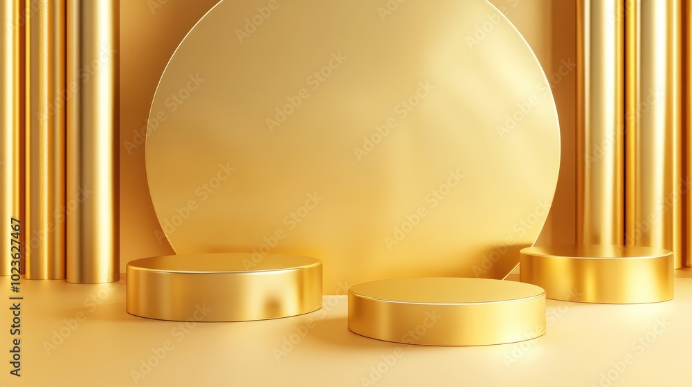 Poster Collection of gold geometric pedestals with minimal circular backdrop and pillars in an abstract studio setting Clean scene for showcasing cosmetic products and promotions 3D rendering