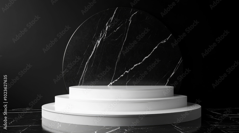 Aufkleber 3D rendering of white pedestal steps on a black round marble background featuring a memorial board art deco geometric frame and an abstract minimal concept providing a blank space and clean design