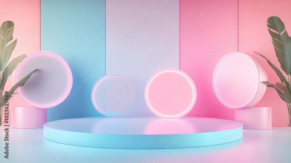Aufkleber blank product display featuring neon lights against a pastel colored backdrop 3d rendering