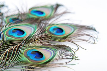 Obraz premium Clothing and home decoration. Peacock feathers on white background. Peacock feather
