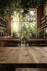 Fototapeta premium Rustic Wooden Table in Cafe Interior - Serene Ambiance with Sunlit Greenery, Cozy Charm Commercial Photography for Cafe Promotion, Interior Design, Social Media Posts