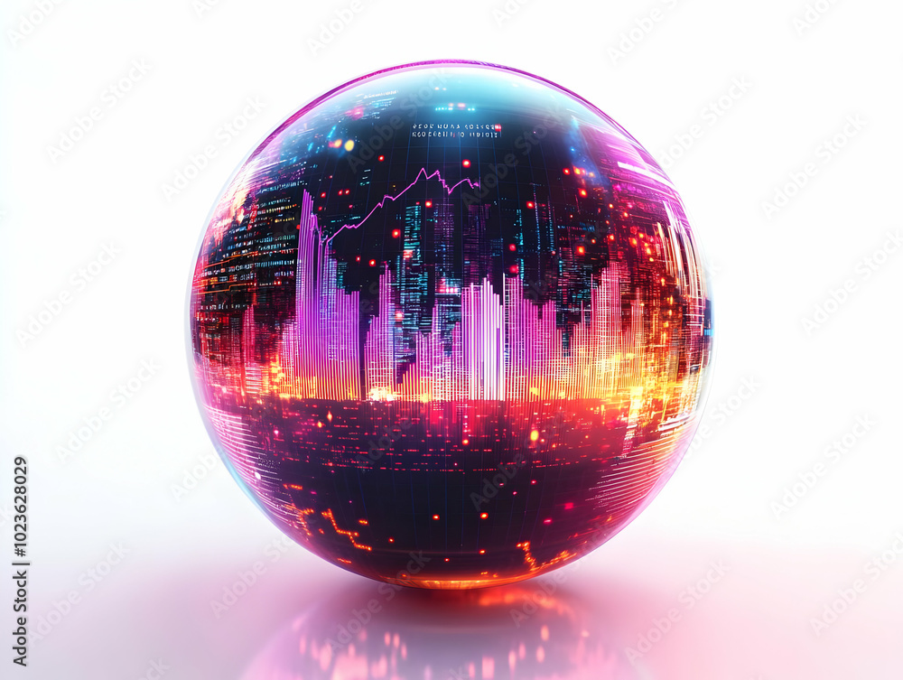 Poster flat holographic stock market sphere: high-tech close-up of floating financial data visualization in