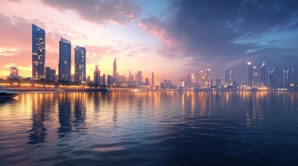 Fototapeta premium Panorama of a modern city: mirror reflection in the water