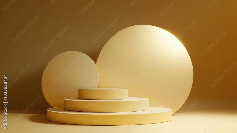 Aufkleber 3D render of a gold background featuring geometric shapes an empty pedestal arranged on three levels and a circular wall design with a gradient from small to large creating a platform composition