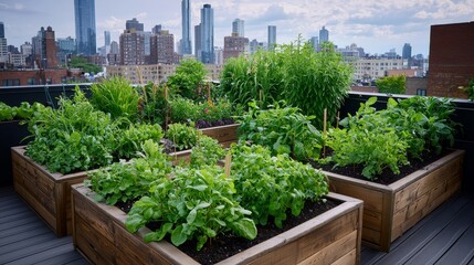 Fototapeta premium Urban Oasis Serene Rooftop Garden Amidst Cityscape Greenery Escape in Urban Jungle Sustainable Urban Living Concept