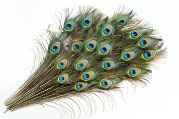 Obraz premium Bright green peacock feathers on white background top view