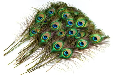 Obraz premium Bright green peacock feathers on white background top view