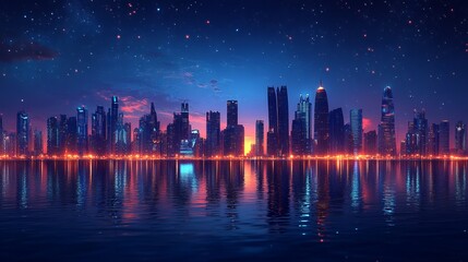 Fototapeta premium Panoramic view of the city from the sea horizon, evening with shining skyscrapers.