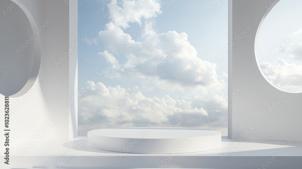 Poster 3d mock up podium with a mirrored sky white tones create a modern platform for showcasing products o