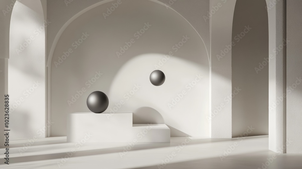Poster 3D rendering of floating spheres creating an empty space for product showcase