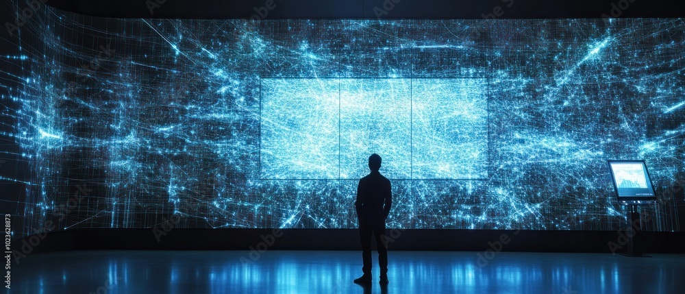 Poster A man stands in front of a large screen displaying a digital network.