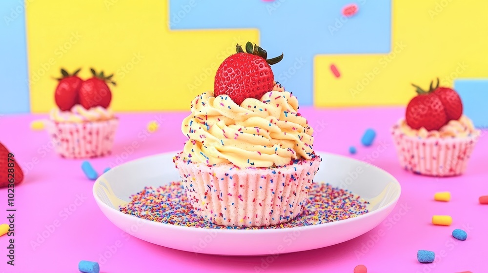 Poster Chu Cream with Fresh Strawberries Strawberry Chu Cream Recipe Displayed on a White Plate Closeup of Chu Cream and Strawberries Topped with Vanilla Cream Bakery Image with Space for Text