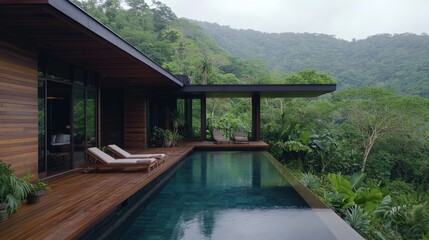 Fototapeta premium Luxurious Modern Poolside Oasis with Mountain View, Tranquil Tropical Setting