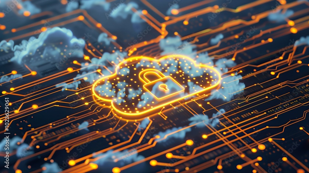 Poster glowing cloud storage with padlock symbol on network data circuit board technology background