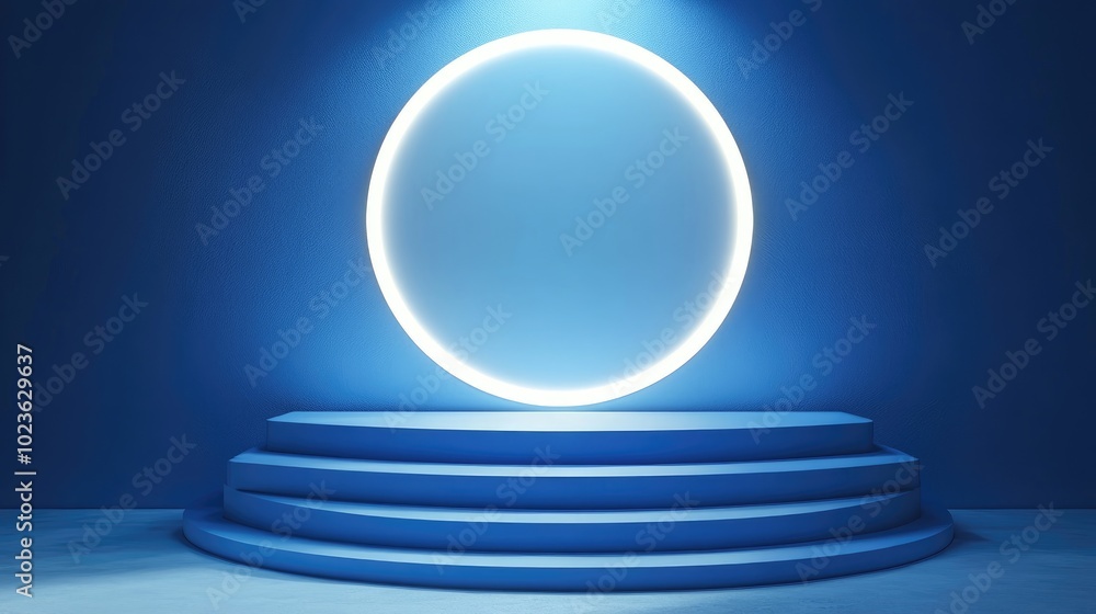 Poster abstract blue geometric background featuring a blue podium and white glowing bar mockup for cosmetic