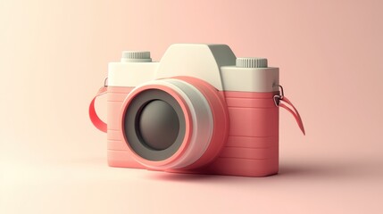 Pink and White Retro Camera with Lens and Strap on a Light Pink Background