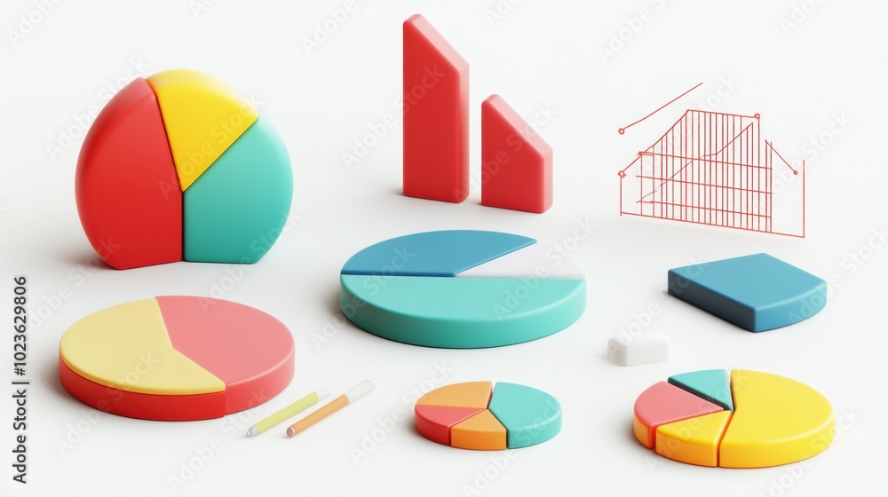 Poster colorful 3d pie charts and bar graphs on a white background