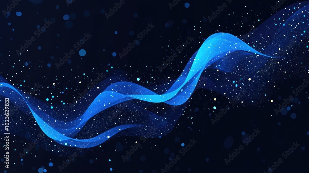 Poster abstract blue and white paint flowing trails on black background with particles as futuristic techno