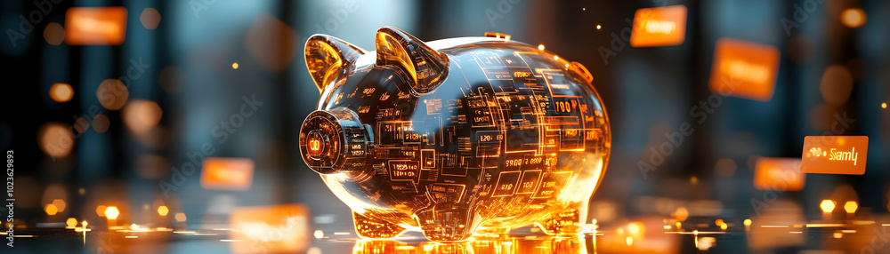 Poster glossy piggy bank surrounded by floating digital price tags - close-up shot capturing reflective sur