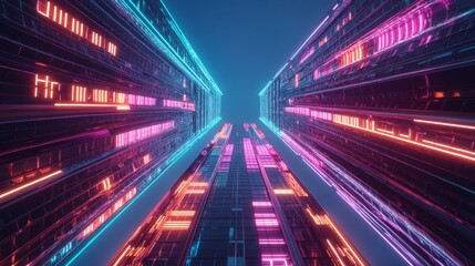 Futuristic skyscraper depicted in a conceptual style, blending neon lights with innovative abstract visuals.
