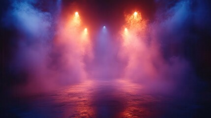 Fototapeta premium stage illuminated with blue and purple spotlights enveloping the space in a mystical atmosphere filled with smoke setting the scene for an electrifying performance