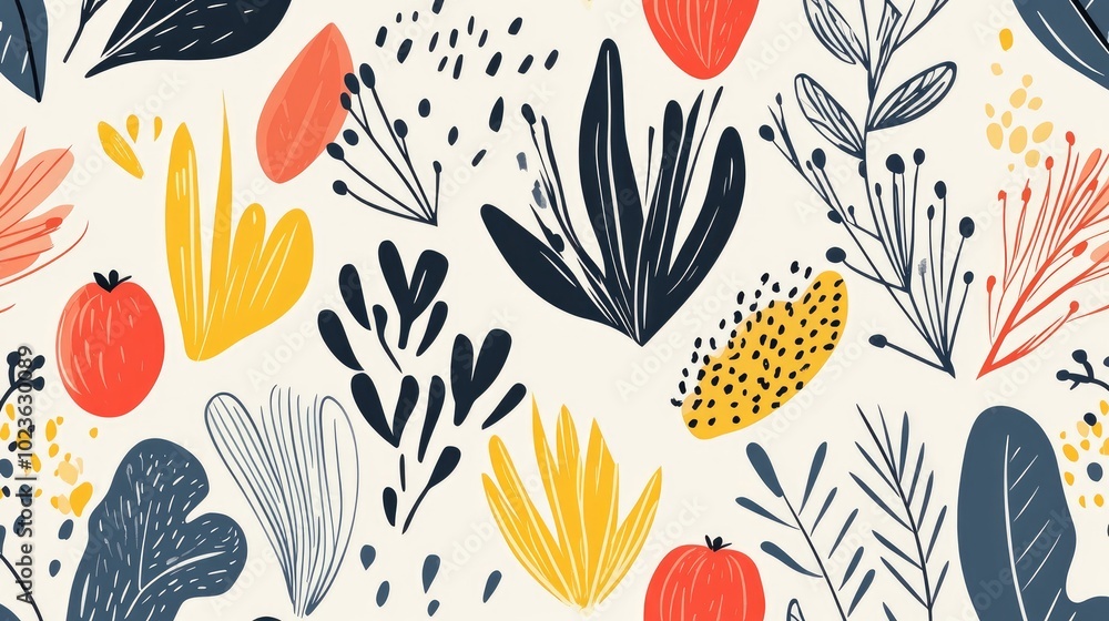 Poster abstract doodle design featuring hand drawn geometric shapes and whimsical foliage with floral eleme