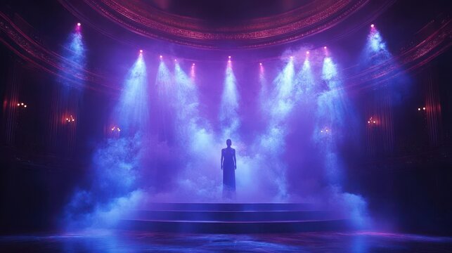 stage illuminated with blue and purple spotlights enveloping the space in a mystical atmosphere filled with smoke setting the scene for an electrifying performance